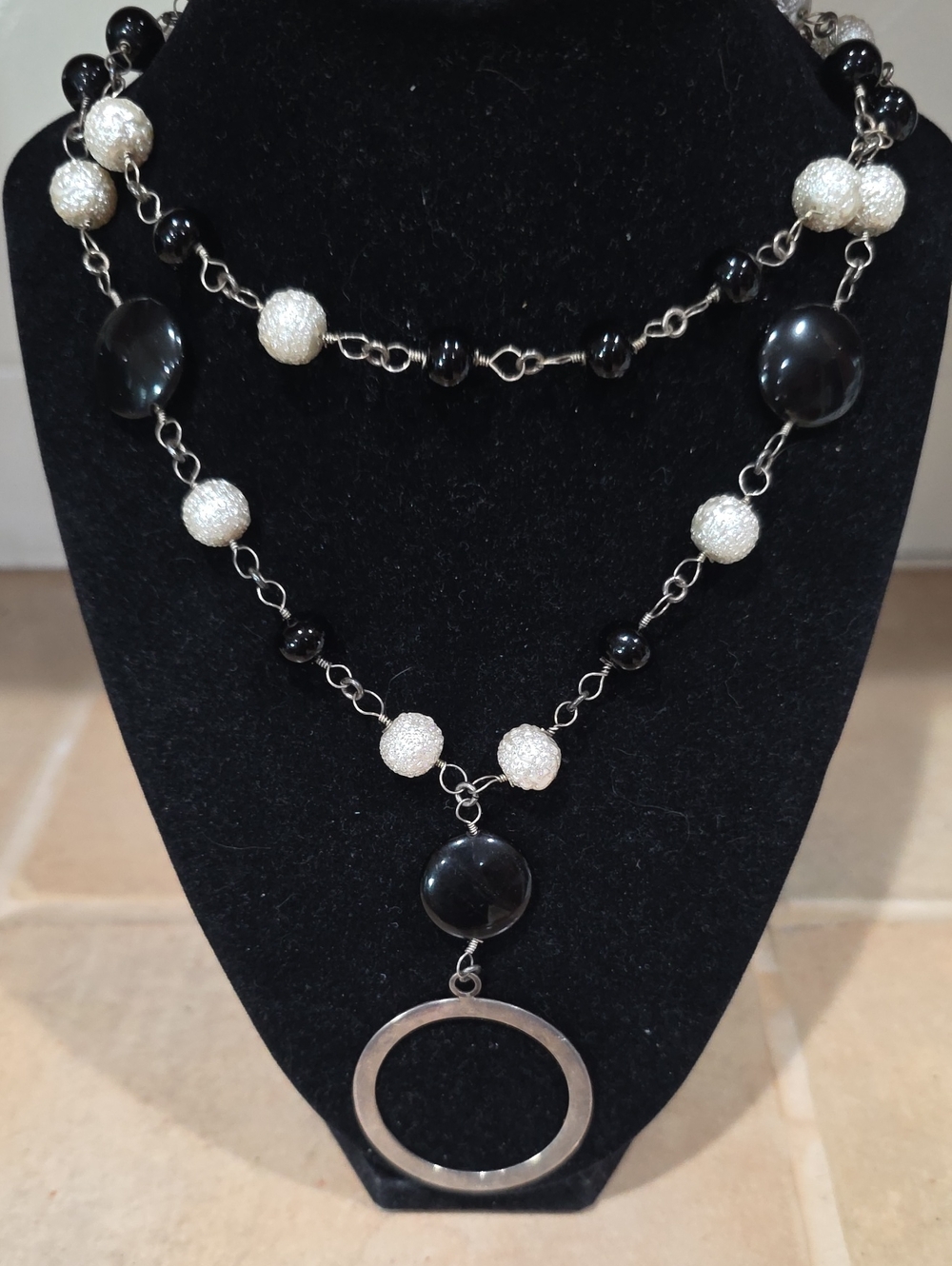 Black and Silver Layered Beaded Necklace with Ring Pendant